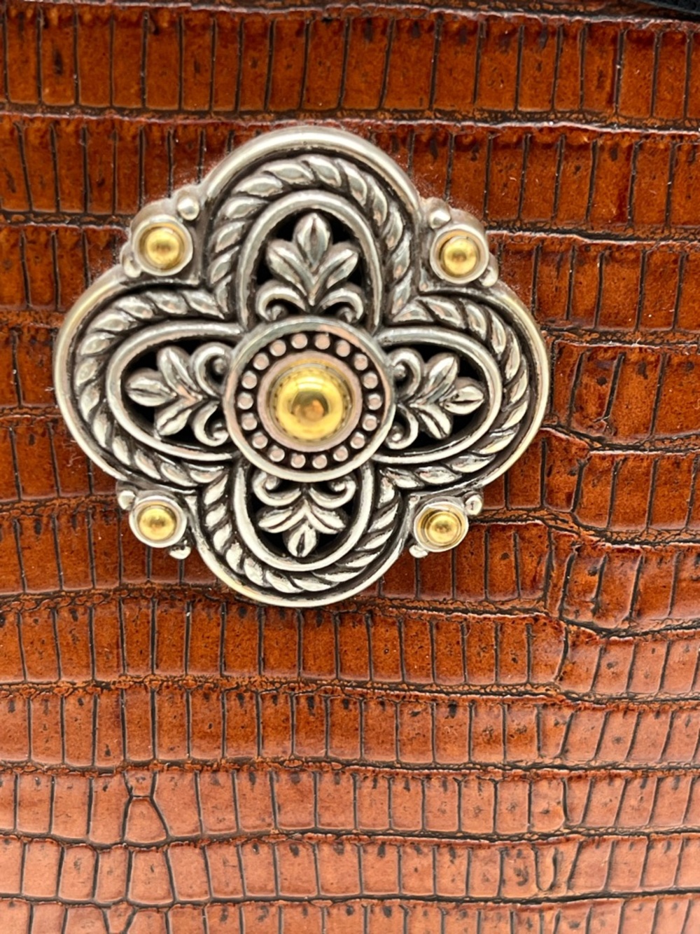 Brighton Vintage Brown Black Croc-Embossed Crossbody Bag Small Saddle Leather - Picture 2 of 8